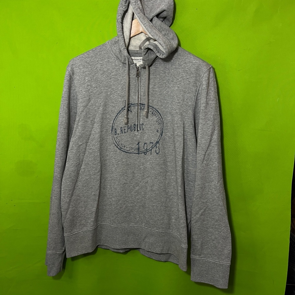 Banana Republic Mens Gray 100% Cotton 1/4 Zip Graphic Hoodie‎ Sweatshirt Large